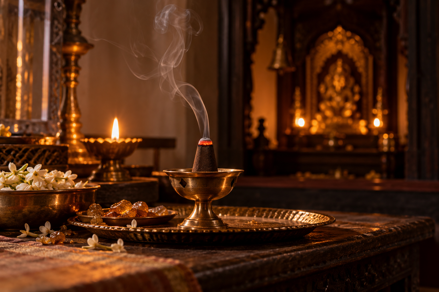 A glowing dhoop cone burning in a brass holder during an evening ritual