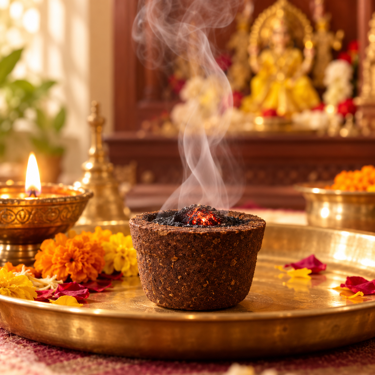 A glowing dhuni cup burning on a brass puja tray with soft smoke