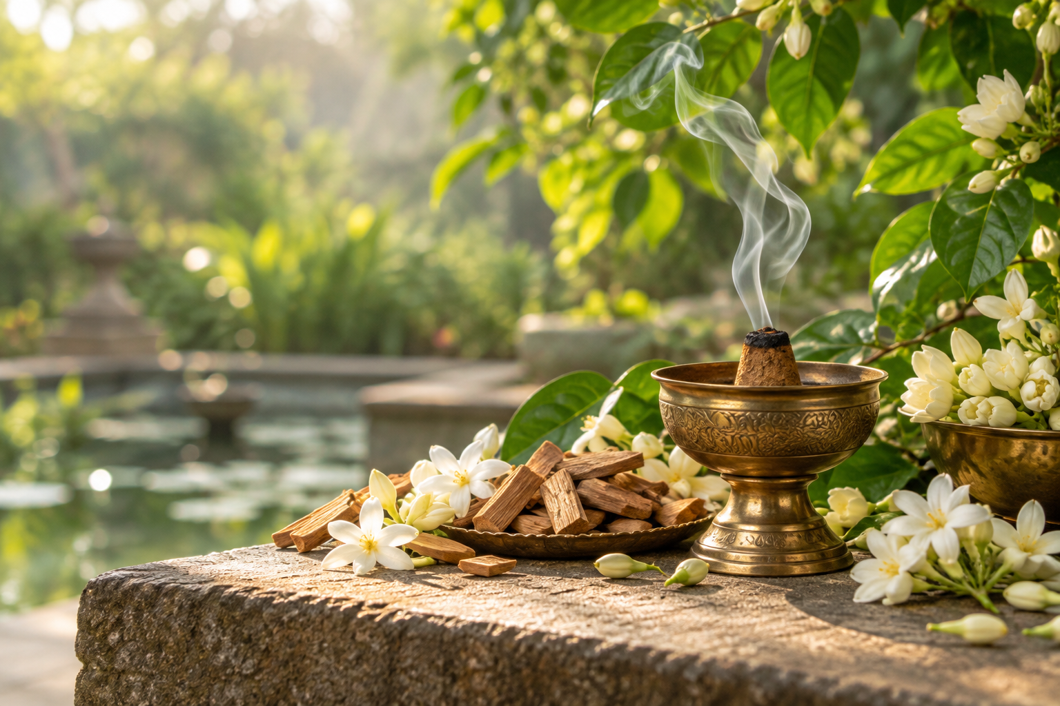 Mogra, sandalwood and dhoop in a quiet garden setting