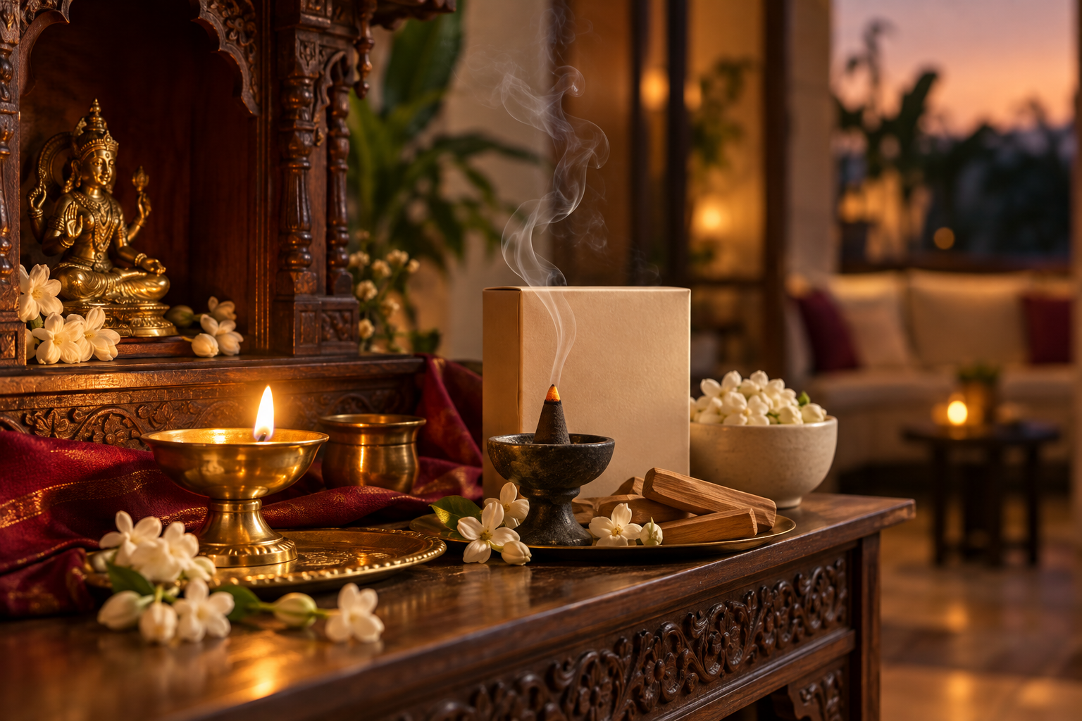A glowing diya and softly curling dhoop smoke at dusk