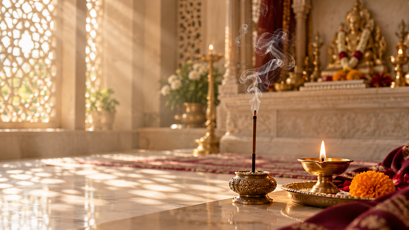 A lit agarbatti incense stick burning in a brass holder in a peaceful home mandir