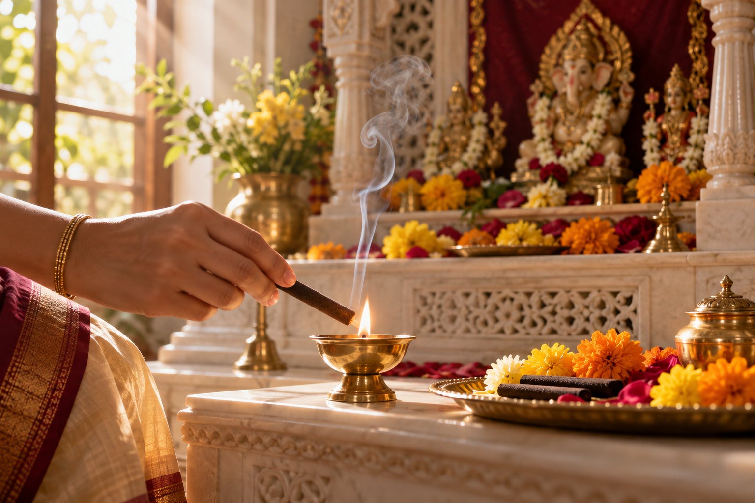 Dhoop batti beside a home mandir