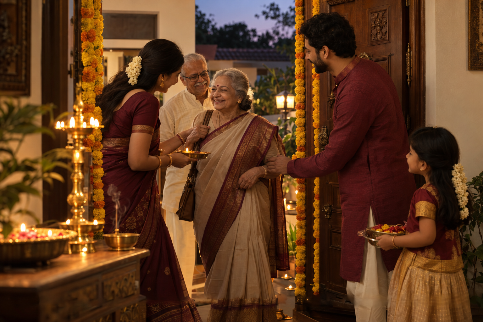 A family welcoming a loved one home for a warm evening ritual