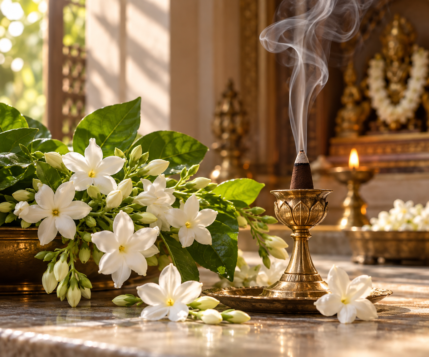 Fresh jasmine beside a brass dhoop holder