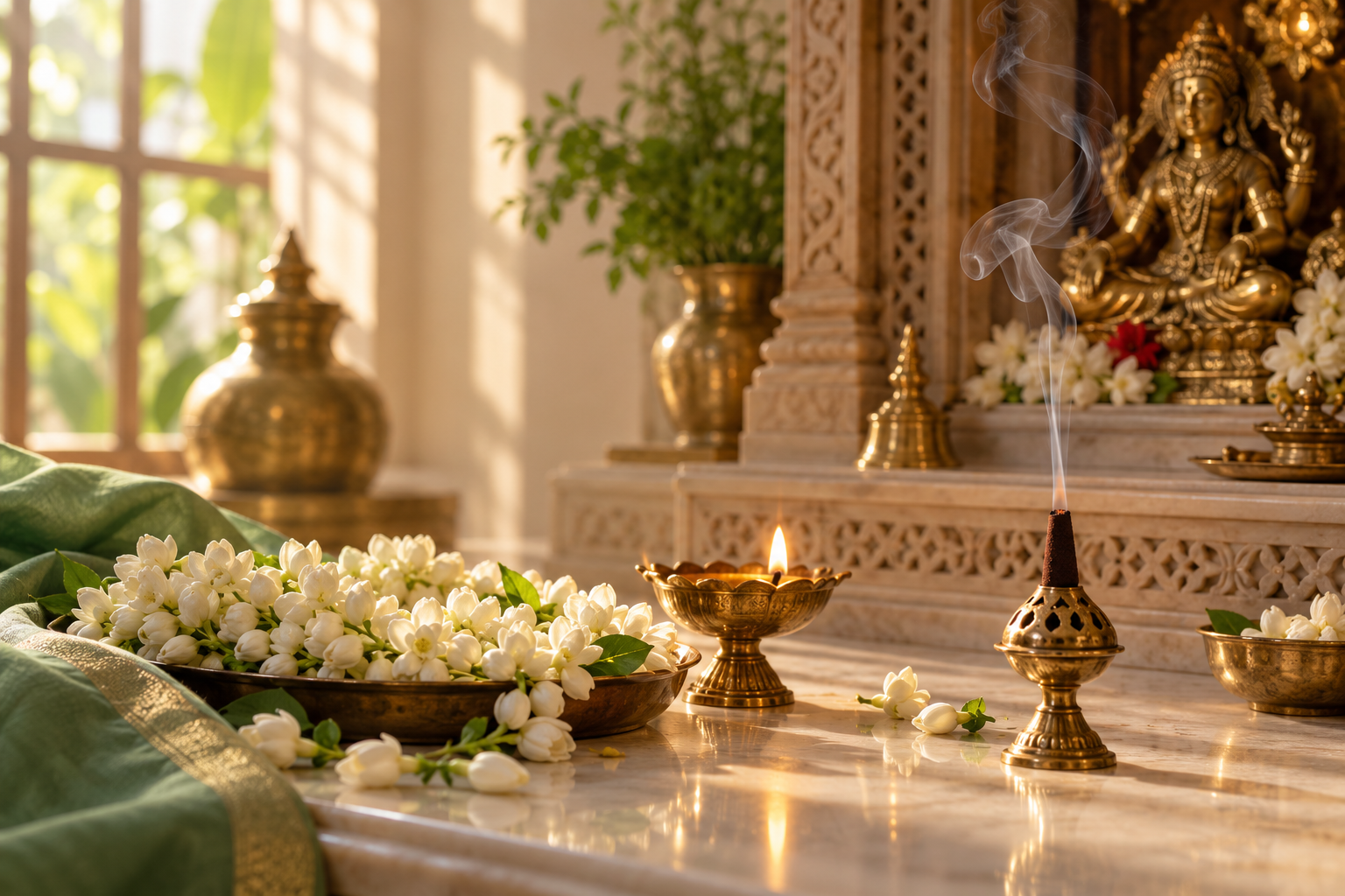 Fresh mogra blossoms arranged for an everyday home ritual