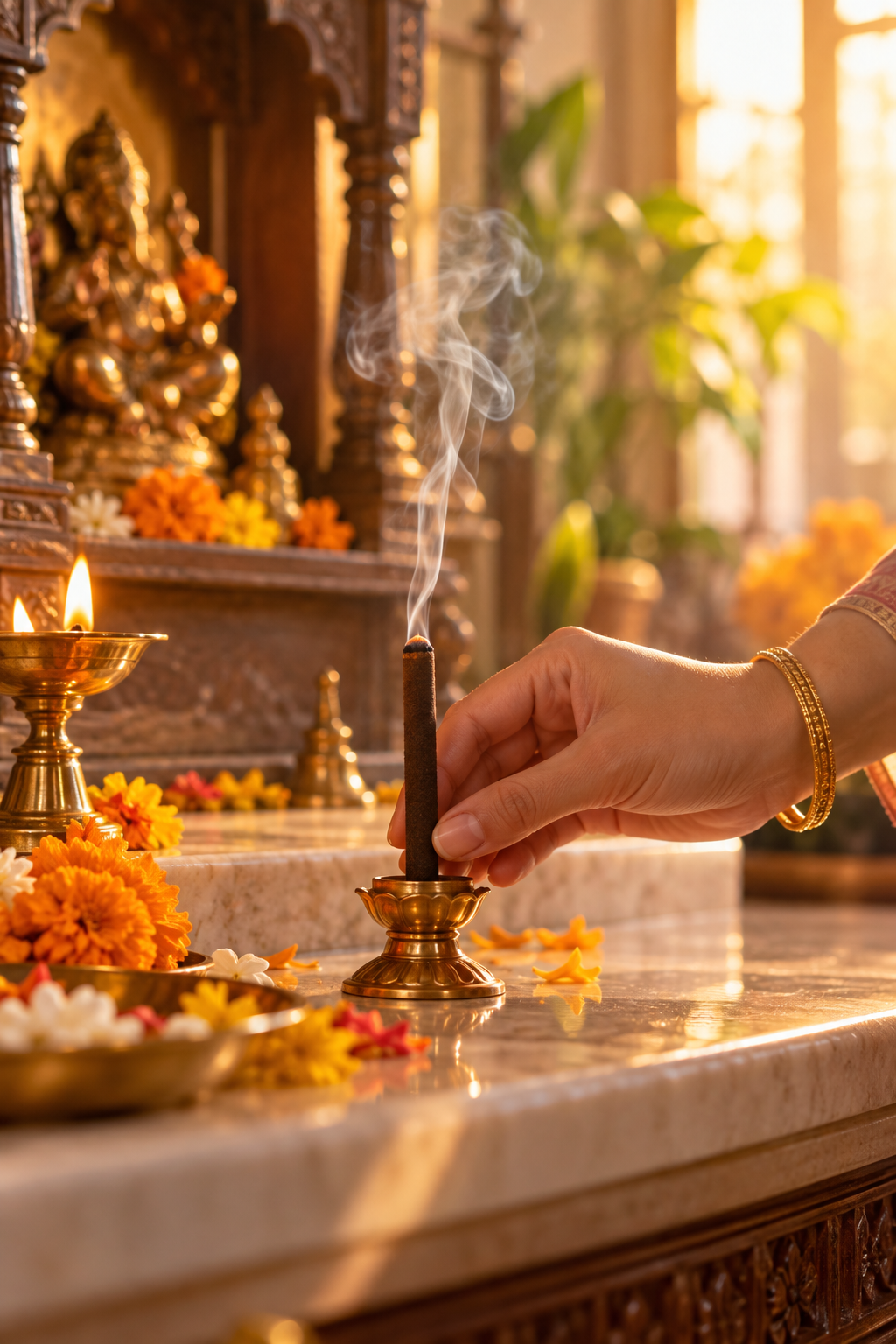 A peaceful home mandir and dhoop ritual