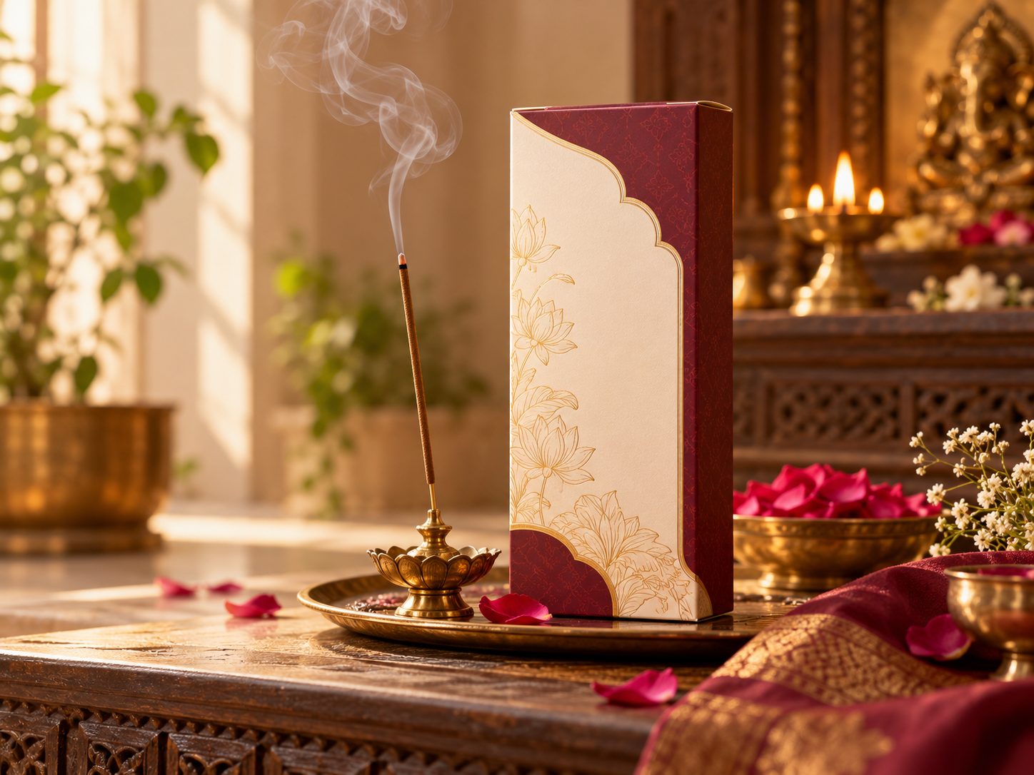 Premium incense box and a lit dhoop stick in a peaceful Indian prayer corner