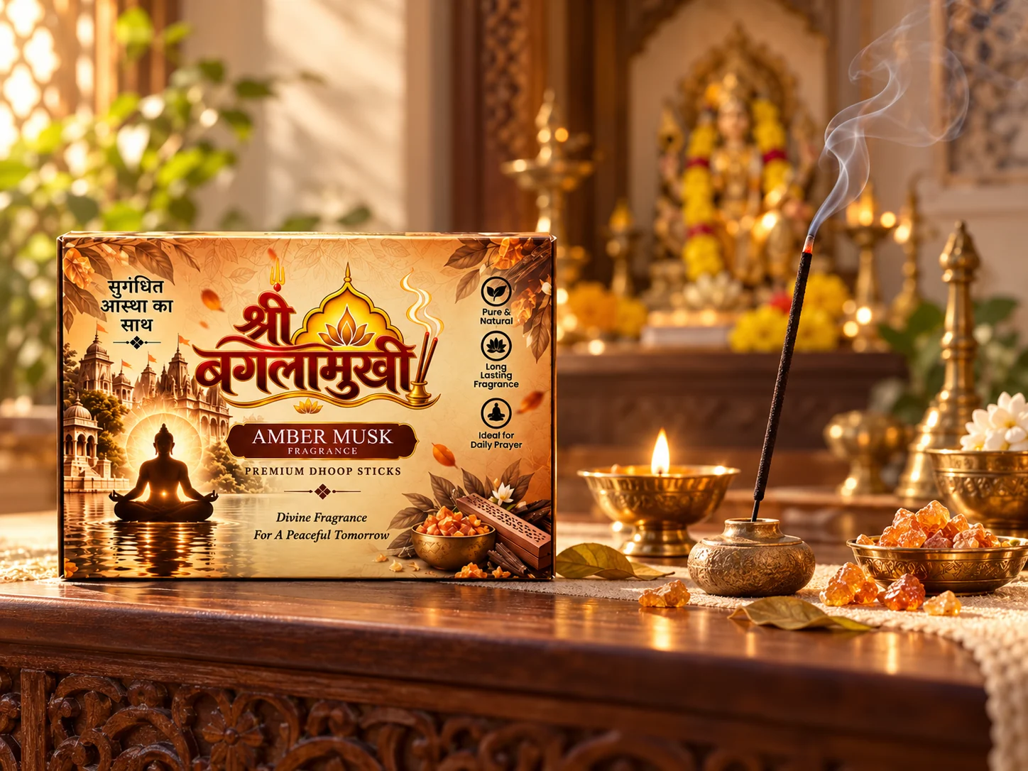 Amber Musk incense and Shree Baglamukhi fragrance pack in a golden evening puja setting