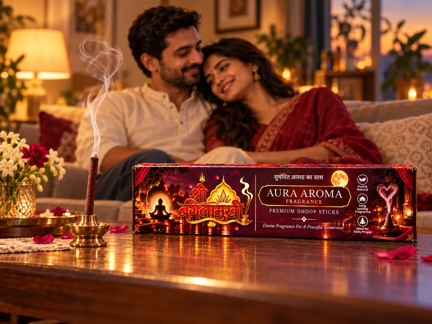 Aura Aroma incense and Shree Baglamukhi fragrance pack in a warm shared home moment