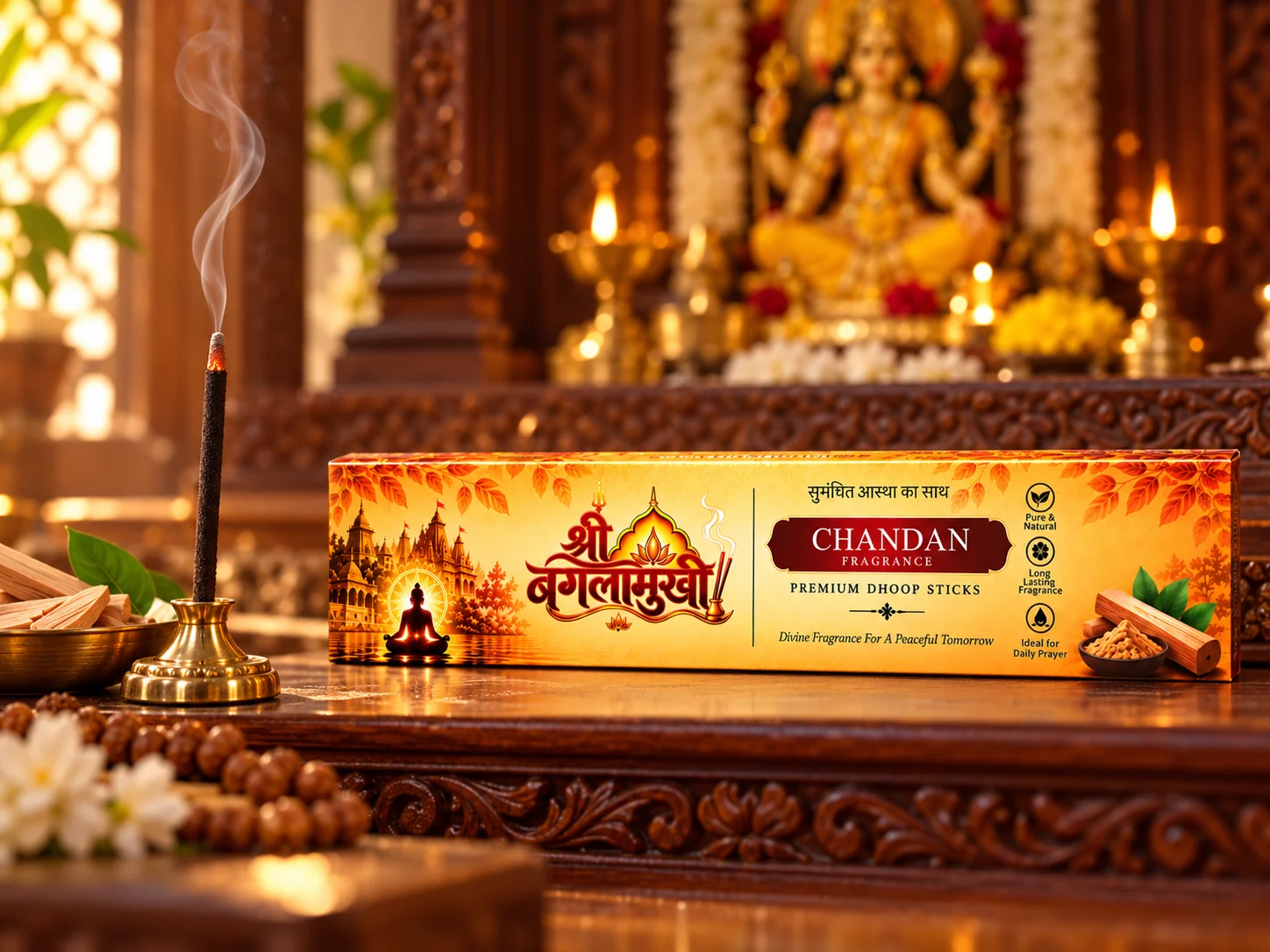 Chandan dhoop and Shree Baglamukhi fragrance pack in a calm puja scene