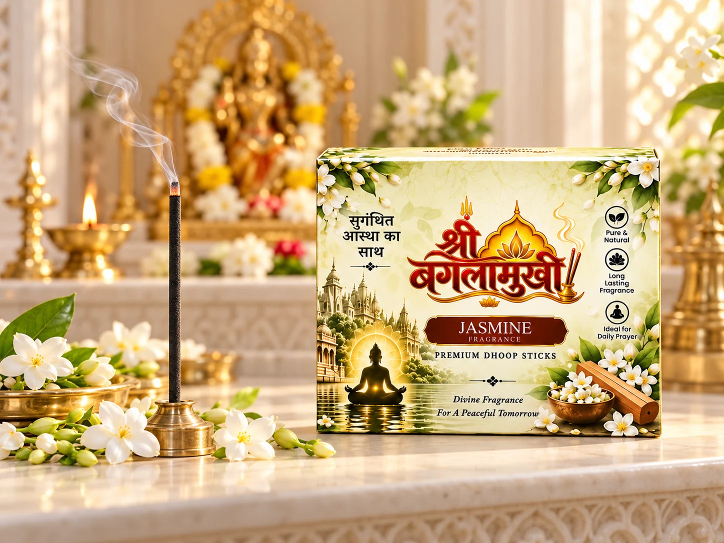 Jasmine dhoop burning beside its fragrance pack