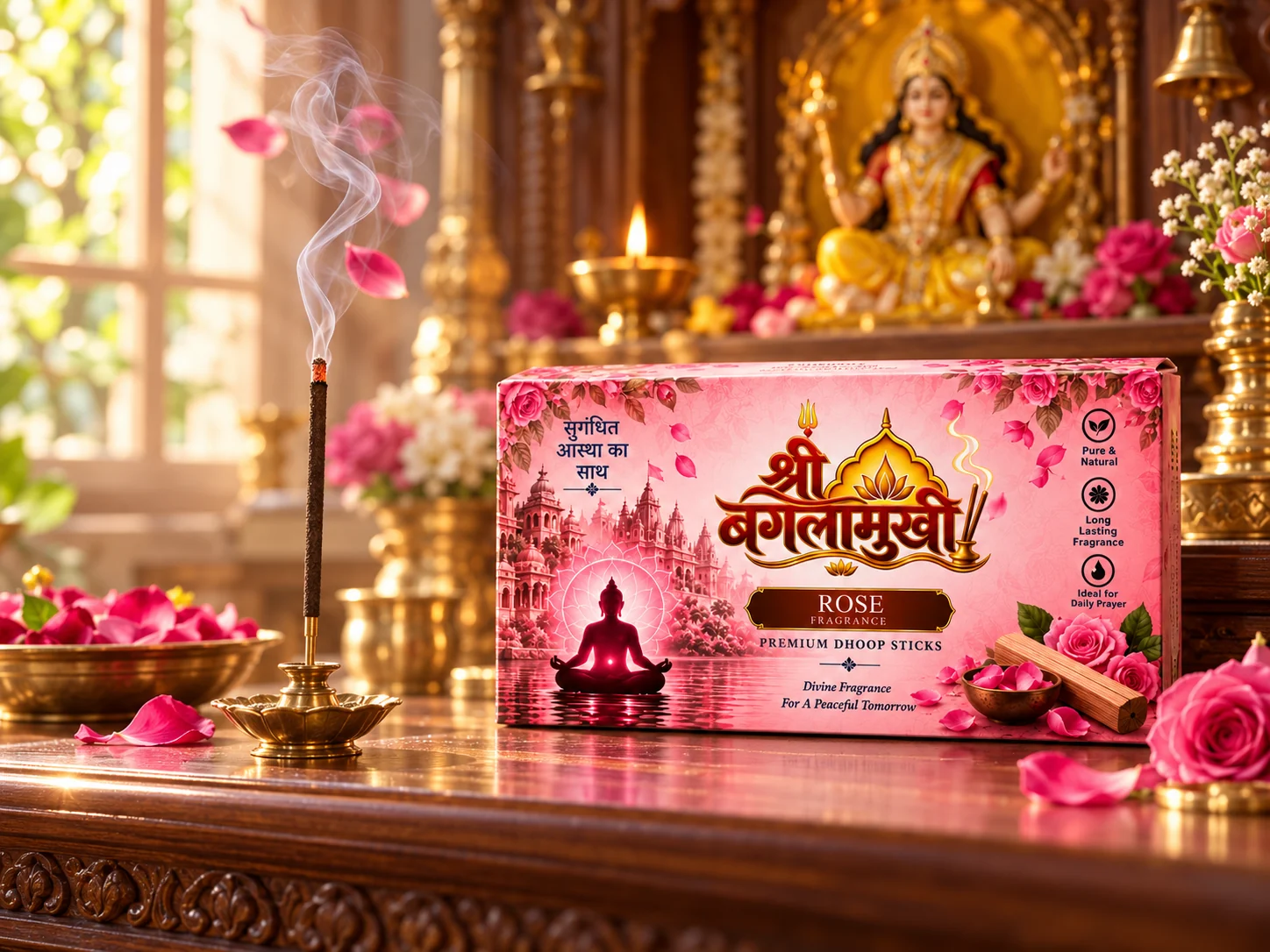 Rose incense and Shree Baglamukhi fragrance pack in a peaceful home puja setting